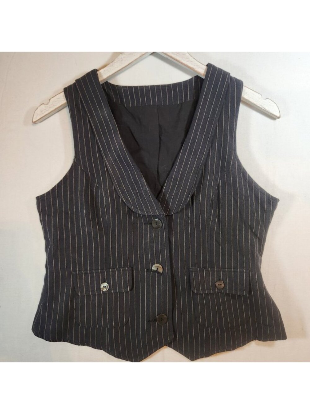 The Earth Collection Silk Cotton Pinstripe Vest Shawl Collar Charcoal Gray S